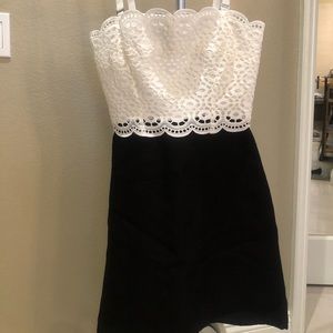 Sandro white lace and black crepe strapless/spaghetti strap dress